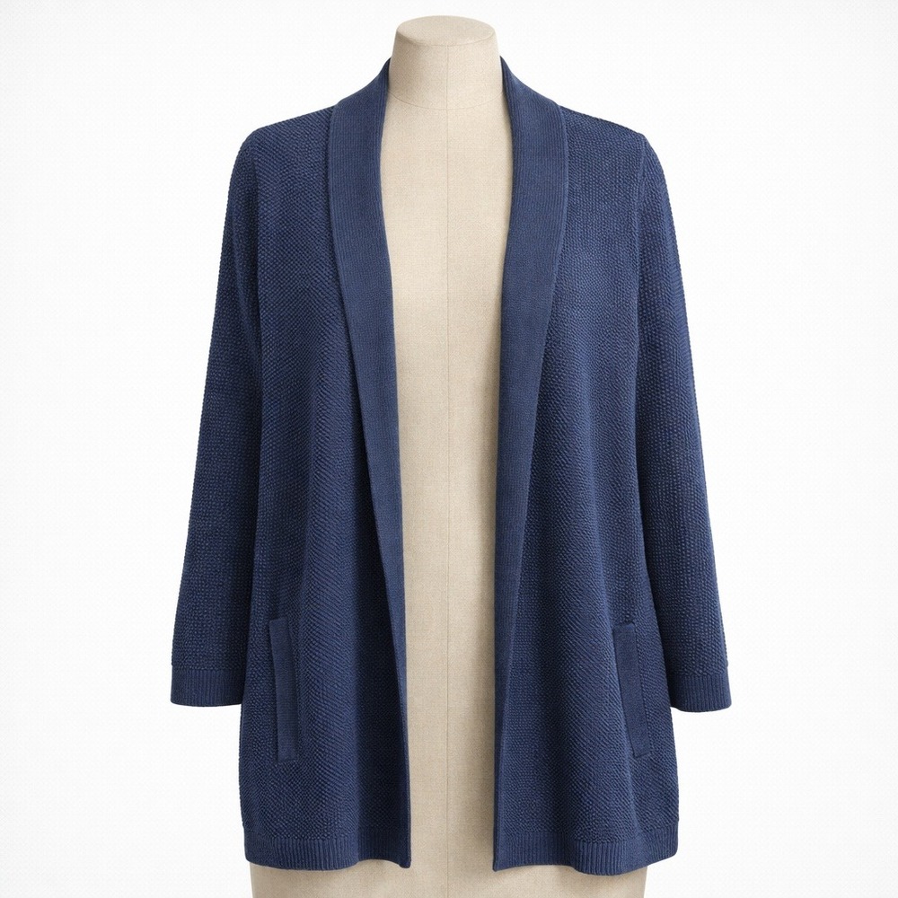 Lands End Waffle Knit Open Front Cardigan Sz M Navy Blue Pocket Coastal Longline